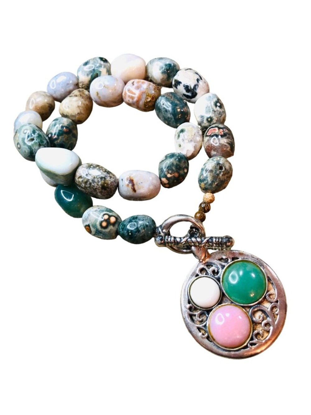 Multi Gemstone Sterling Silver Necklace Reversible Pink Green